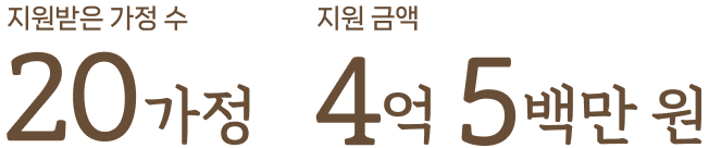 지원받은 가정 수:20가정/지원 금액:4억 5백만 원