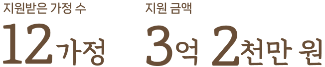 지원받은 가정 수:12가정/지원 금액:3억 2천만 원